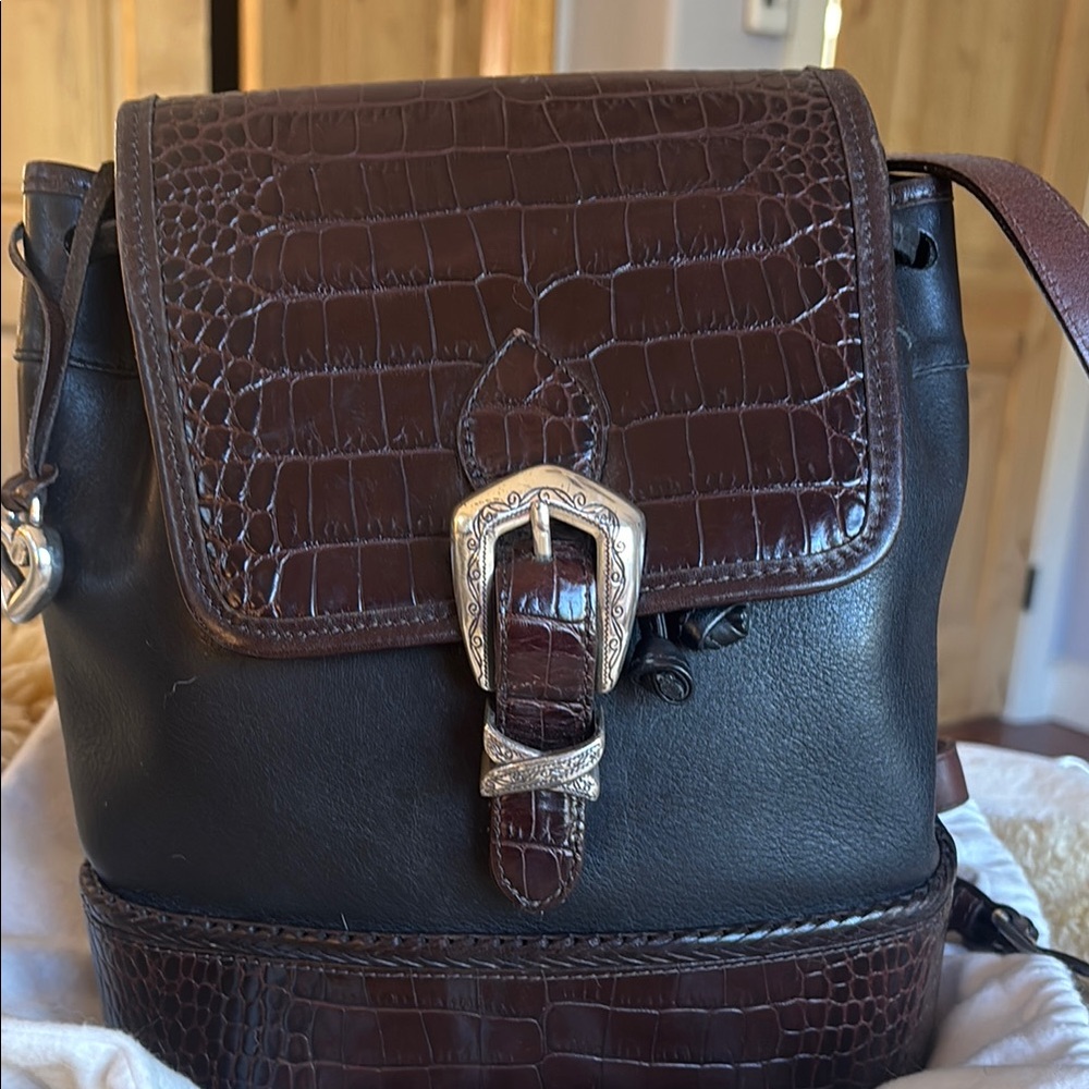 Brighton Brown and Black Backpack with Luxurious Crocodile Embossed Flap